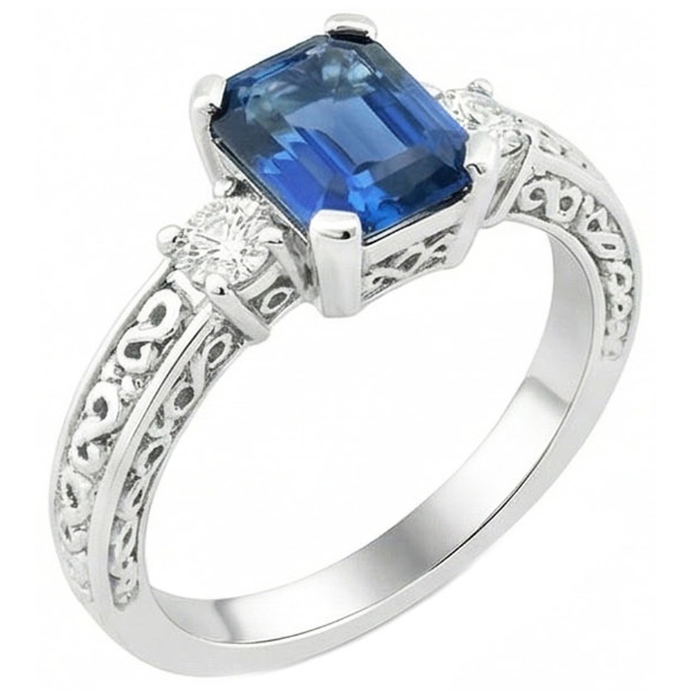Blauer Ring mit Saphir und Aus der Erde Abgebauter Natürlicher Diamant im Smaragdschliff mit 3 Steinen 2,50 Karat Gold