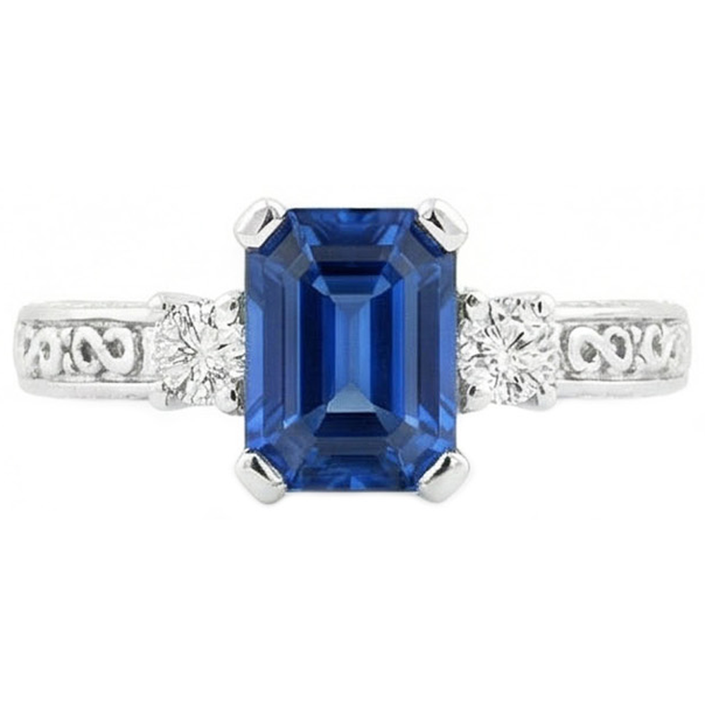Blauer Ring mit Saphir und Aus der Erde Abgebauter Natürlicher Diamant im Smaragdschliff mit 3 Steinen 2,50 Karat Gold