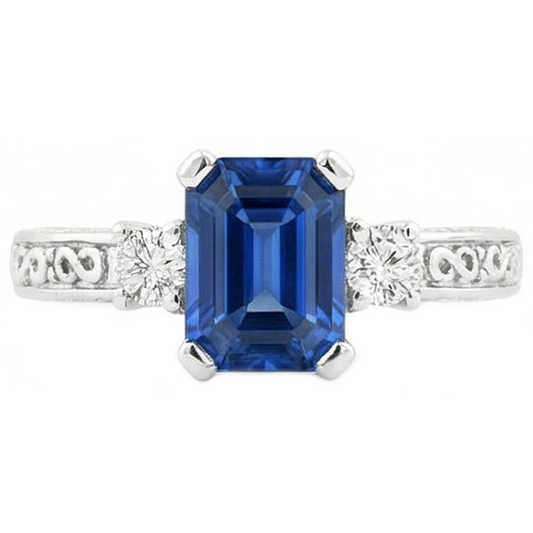 Blauer Ring mit Saphir und Aus der Erde Abgebauter Natürlicher Diamant im Smaragdschliff mit 3 Steinen 2,50 Karat Gold
