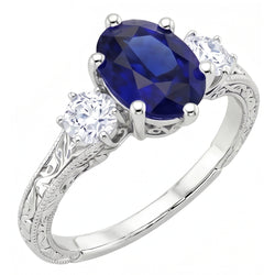 Blauer Saphir 3 Steine Ring & Natürlicher Diamant ( nicht im Labor gezüchtet )en 2,50 Karat Antiker Stil