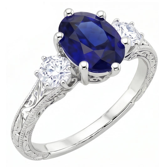 Blauer Saphir 3 Steine Ring & Natürlicher Diamant ( nicht im Labor gezüchtet )en 2,50 Karat Antiker Stil