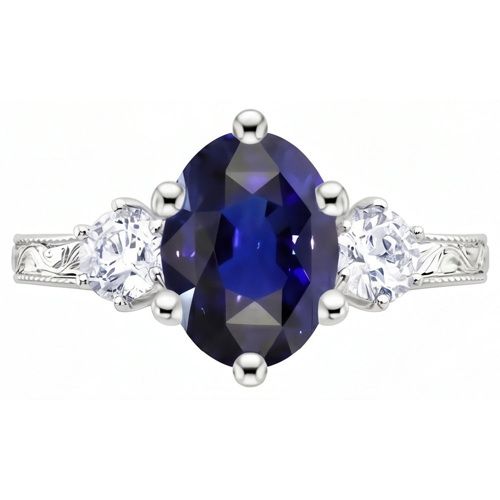 Blauer Saphir 3 Steine Ring & Natürlicher Diamant ( nicht im Labor gezüchtet )en 2,50 Karat Antiker Stil