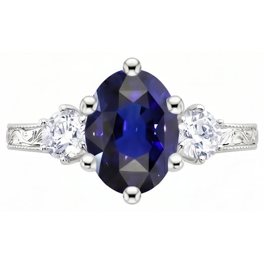 Blauer Saphir 3 Steine Ring & Natürlicher Diamant ( nicht im Labor gezüchtet )en 2,50 Karat Antiker Stil