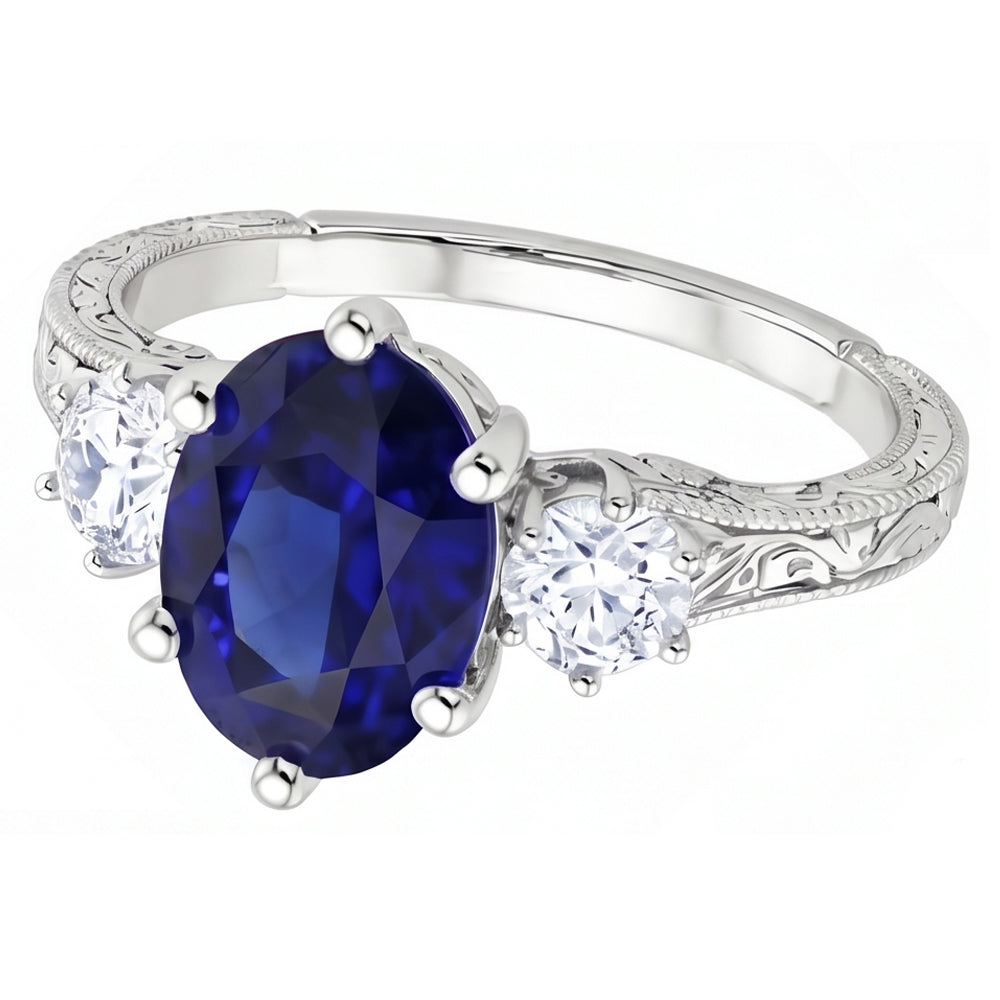 Blauer Saphir 3 Steine Ring & Natürlicher Diamant ( nicht im Labor gezüchtet )en 2,50 Karat Antiker Stil