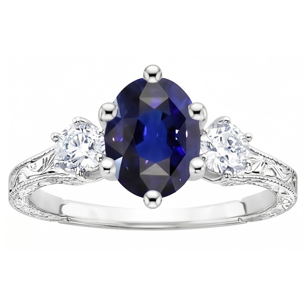 Blauer Saphir 3 Steine Ring & Natürlicher Diamant ( nicht im Labor gezüchtet )en 2,50 Karat Antiker Stil