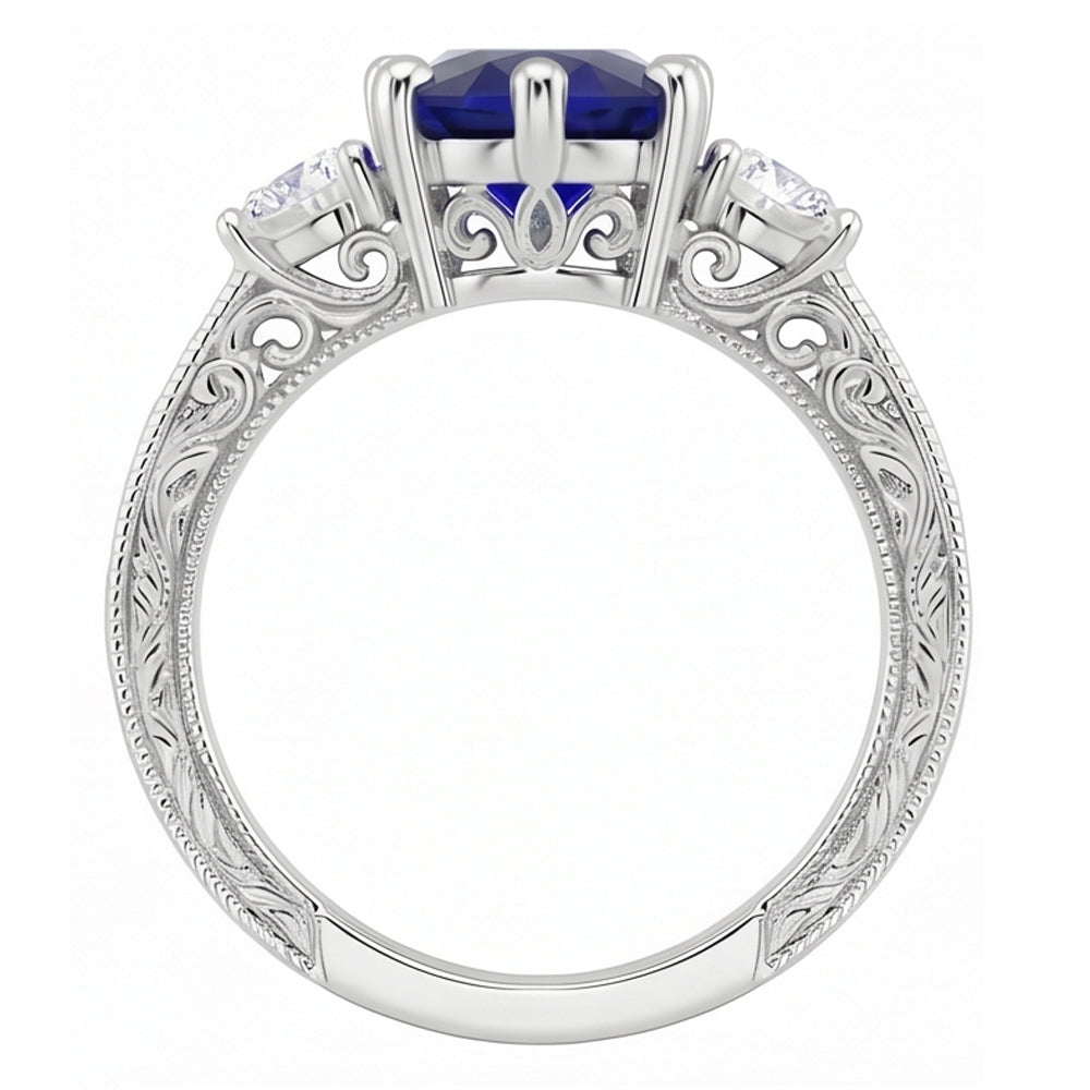 Blauer Saphir 3 Steine Ring & Natürlicher Diamant ( nicht im Labor gezüchtet )en 2,50 Karat Antiker Stil