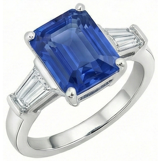Blauer Saphir 3 Steine Smaragdförmiger Ring & Baguette Ring 3,50 Karat