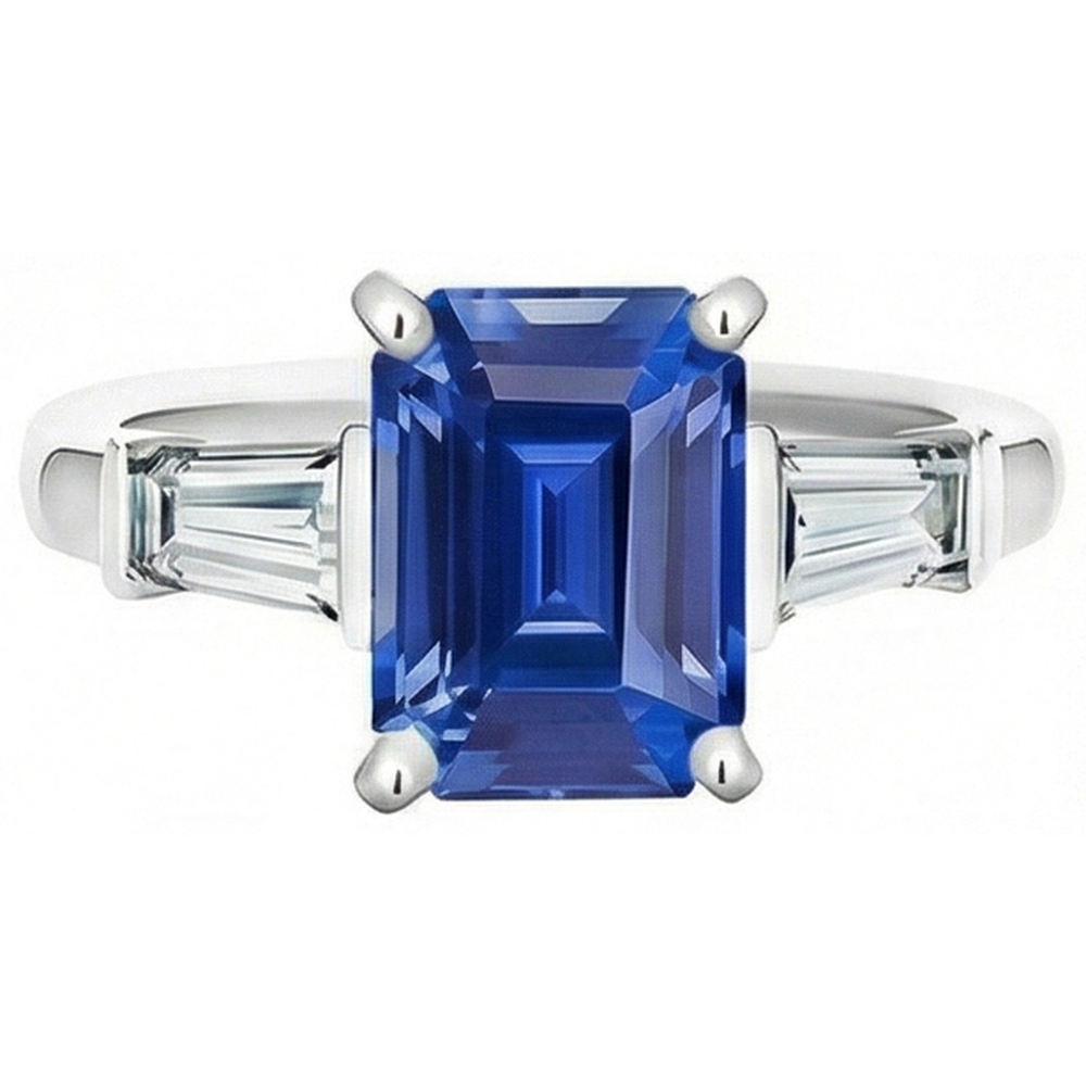 Blauer Saphir 3 Steine Smaragdförmiger Ring & Baguette Ring 3,50 Karat