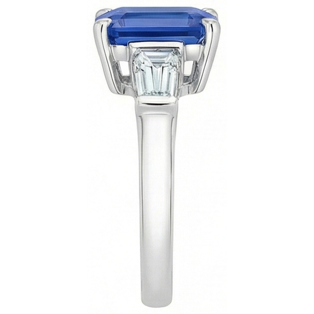 Blauer Saphir 3 Steine Smaragdförmiger Ring & Baguette Ring 3,50 Karat
