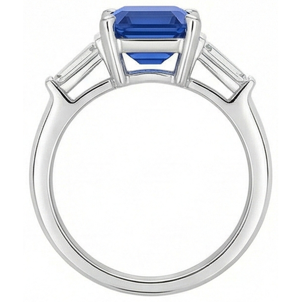 Blauer Saphir 3 Steine Smaragdförmiger Ring & Baguette Ring 3,50 Karat
