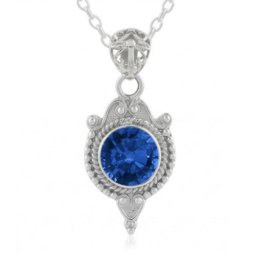 Blauer Saphir Anhänger im antiken Stil 8 Karat Weißgold 14K