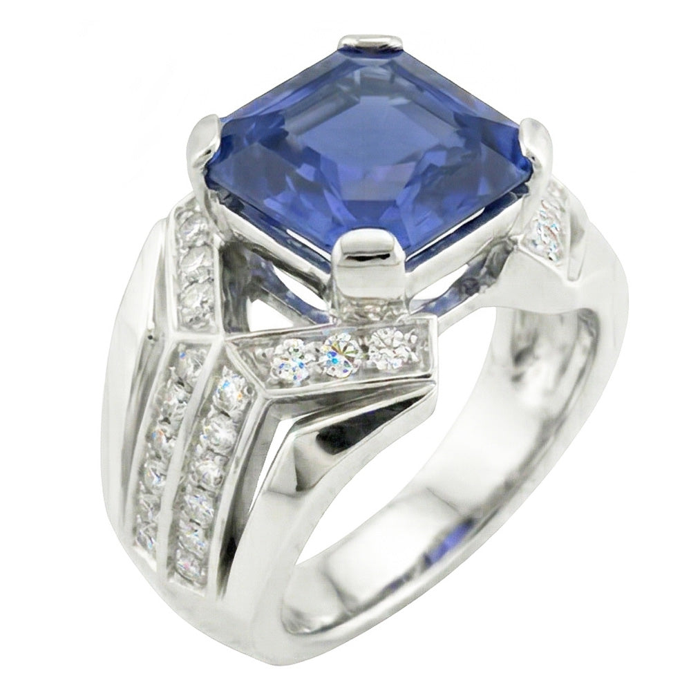 Blauer Saphir Aus der Erde Abgebauter Natürlicher Diamant Fancy Ring 4,50 Karat Asscher & Gold im Rundschliff