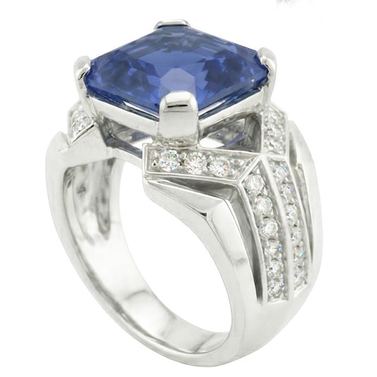 Blauer Saphir Aus der Erde Abgebauter Natürlicher Diamant Fancy Ring 4,50 Karat Asscher & Gold im Rundschliff