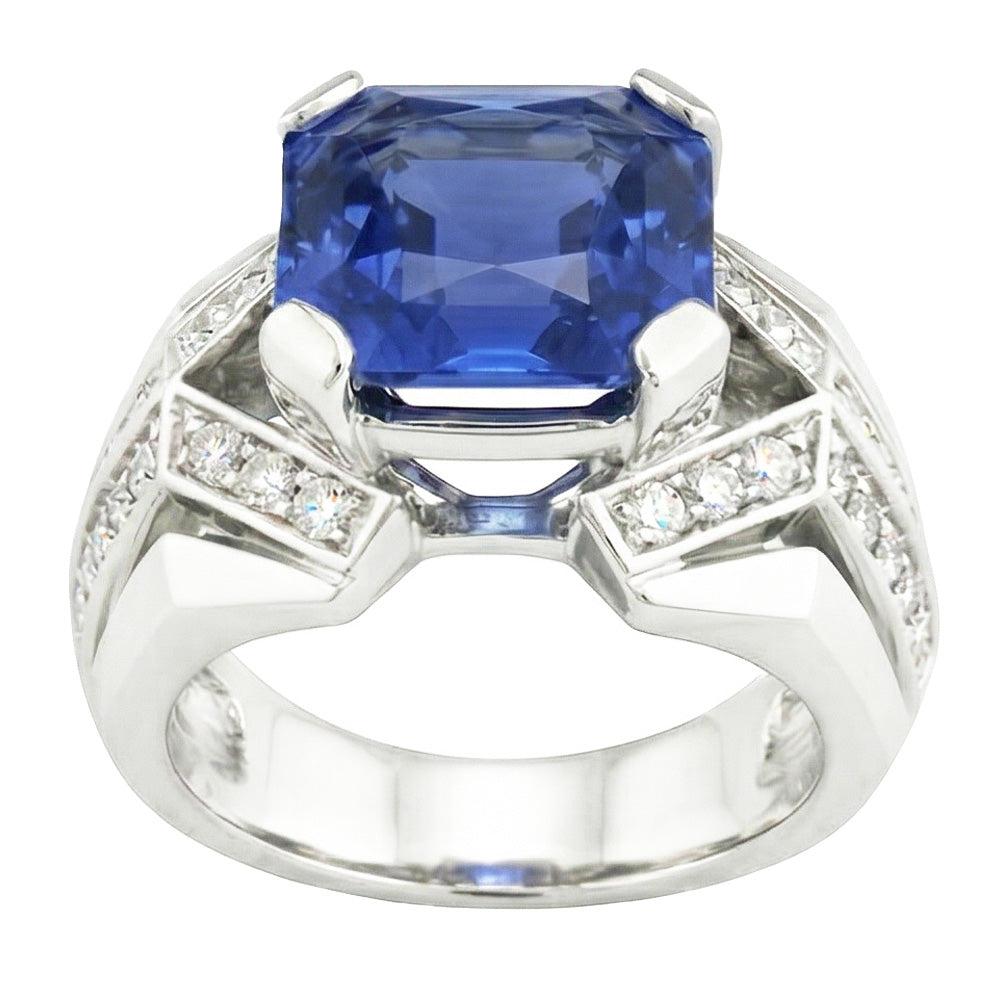 Blauer Saphir Aus der Erde Abgebauter Natürlicher Diamant Fancy Ring 4,50 Karat Asscher & Gold im Rundschliff