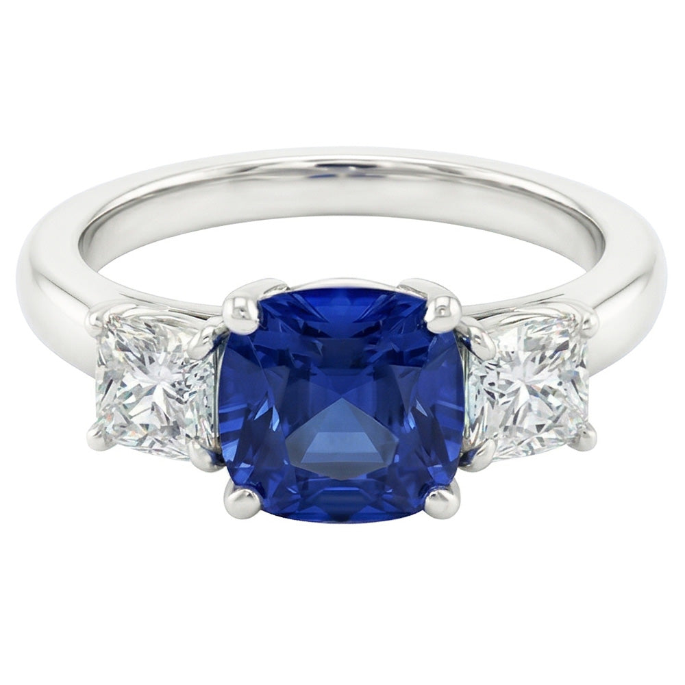 Blauer Saphir Drei-Steine-Ring & Kissen Natürlicher Diamant ( nicht im Labor gezüchtet )en 2 Karat Gold 14K