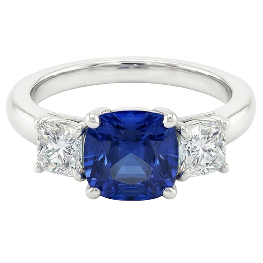 Blauer Saphir Drei-Steine-Ring & Kissen Natürlicher Diamant ( nicht im Labor gezüchtet )en 2 Karat Gold 14K