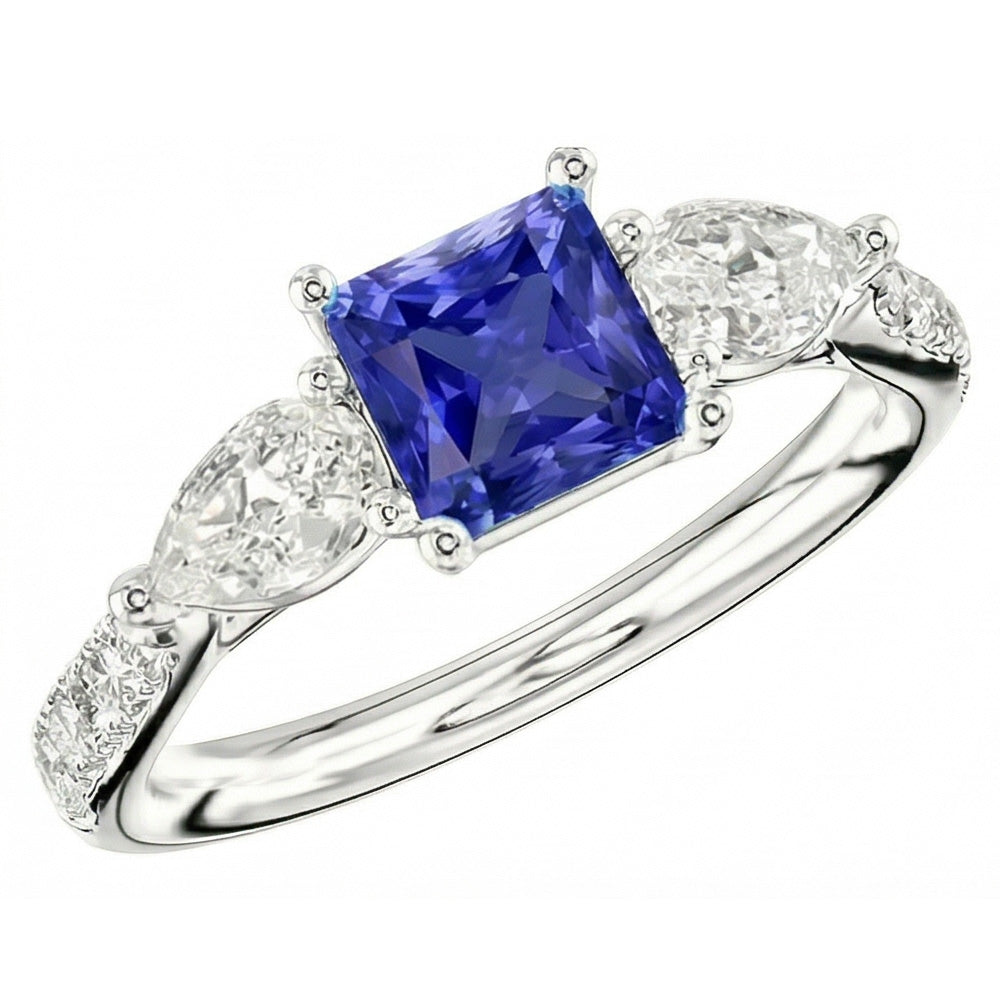 Blauer Saphir Edelstein Radiant Cut Ring Birne & Runde Aus der Erde Abgebauter Natürlicher Diamanten 3 Karat