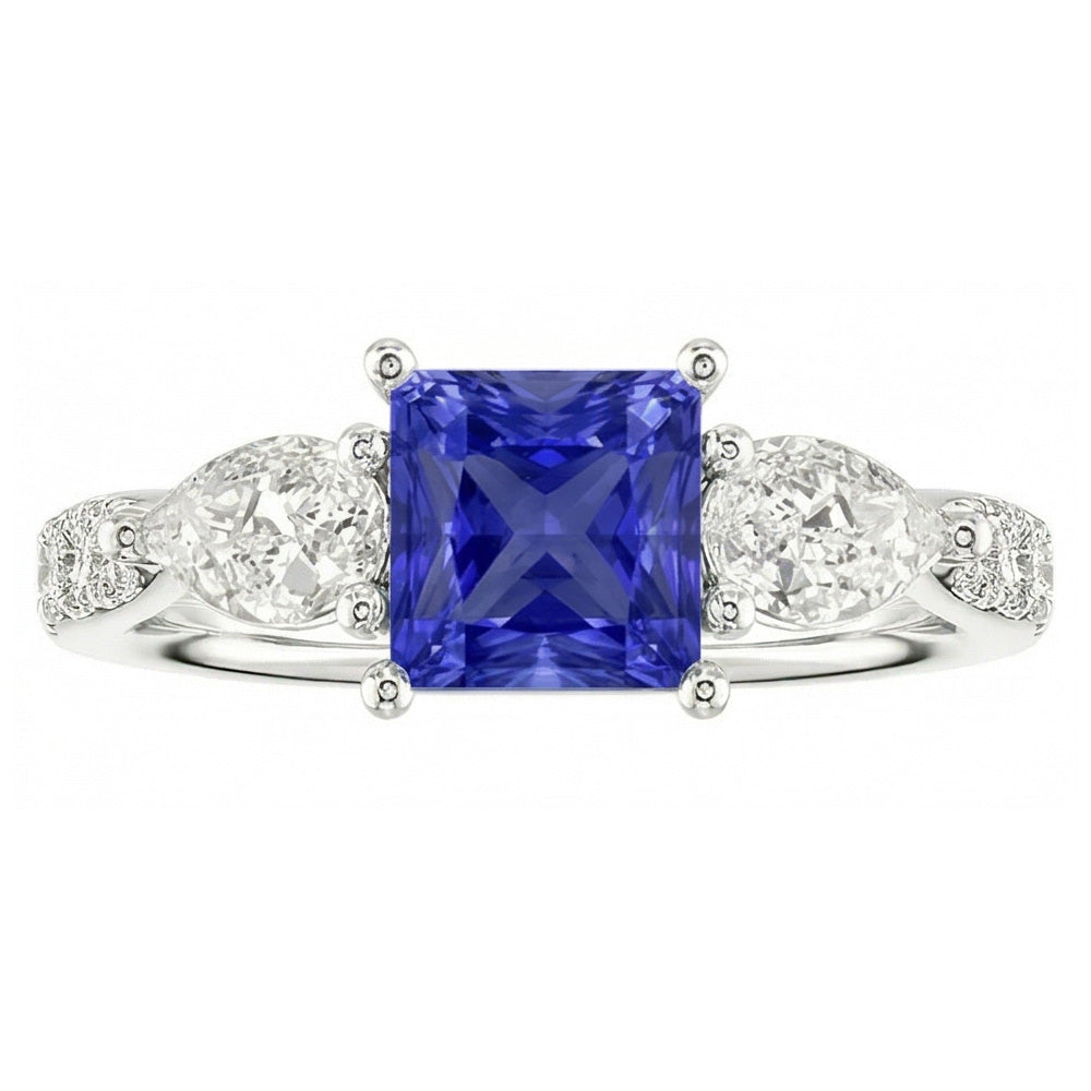 Blauer Saphir Edelstein Radiant Cut Ring Birne & Runde Aus der Erde Abgebauter Natürlicher Diamanten 3 Karat