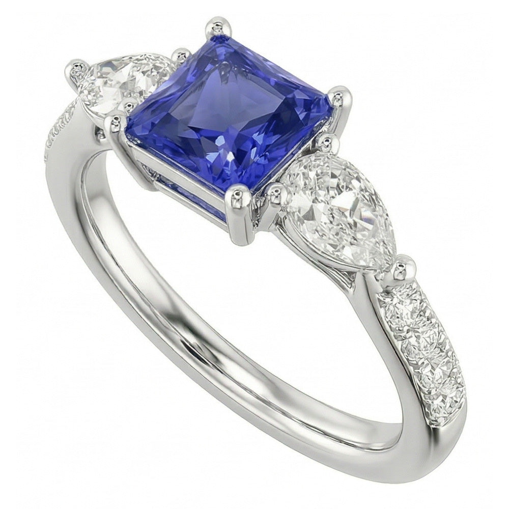 Blauer Saphir Edelstein Radiant Cut Ring Birne & Runde Aus der Erde Abgebauter Natürlicher Diamanten 3 Karat