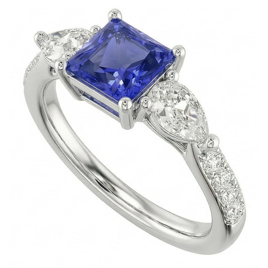 Blauer Saphir Edelstein Radiant Cut Ring Birne & Runde Aus der Erde Abgebauter Natürlicher Diamanten 3 Karat