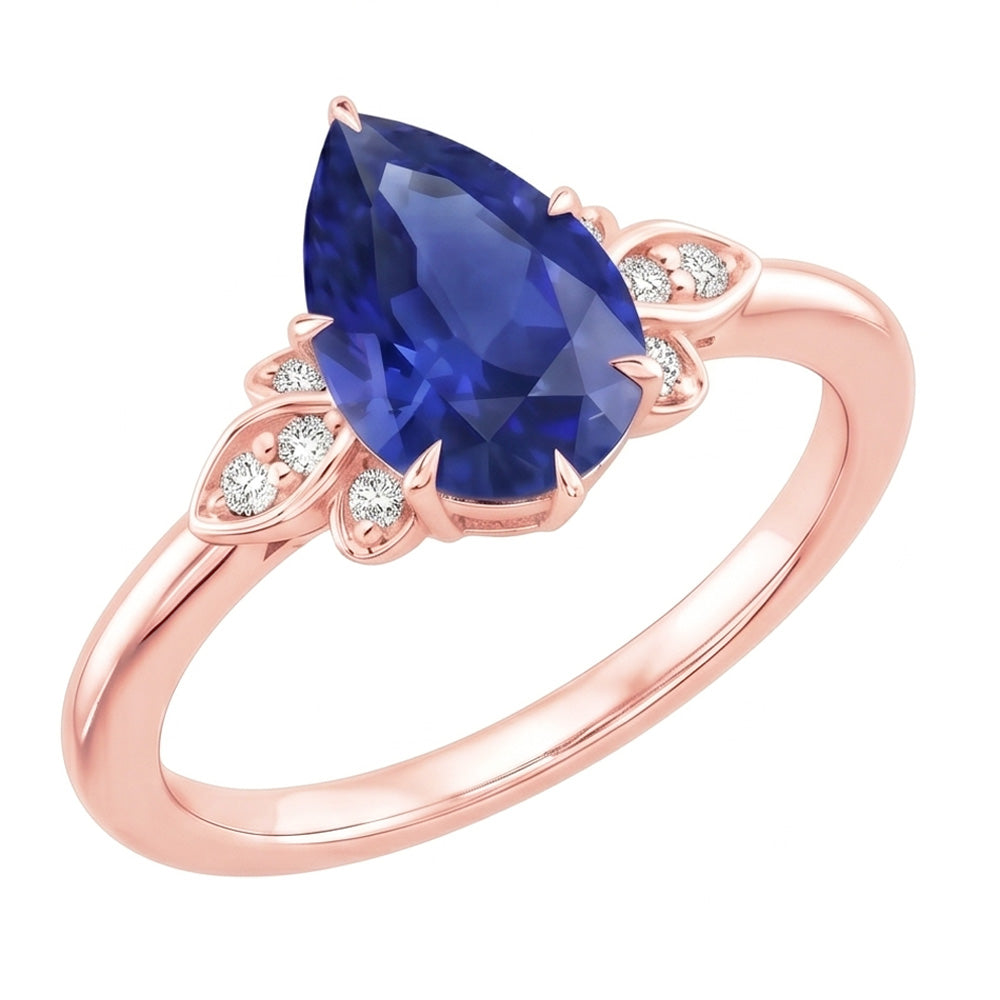 Blauer Saphir Edelstein Ring Birne & runder Natürlicher Diamant ( nicht im Labor gezüchtet ) Blumenstil 3 Karat