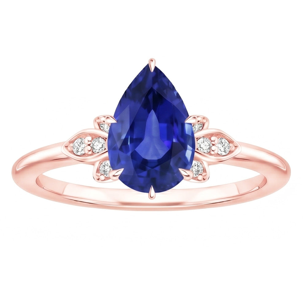 Blauer Saphir Edelstein Ring Birne & runder Natürlicher Diamant ( nicht im Labor gezüchtet ) Blumenstil 3 Karat