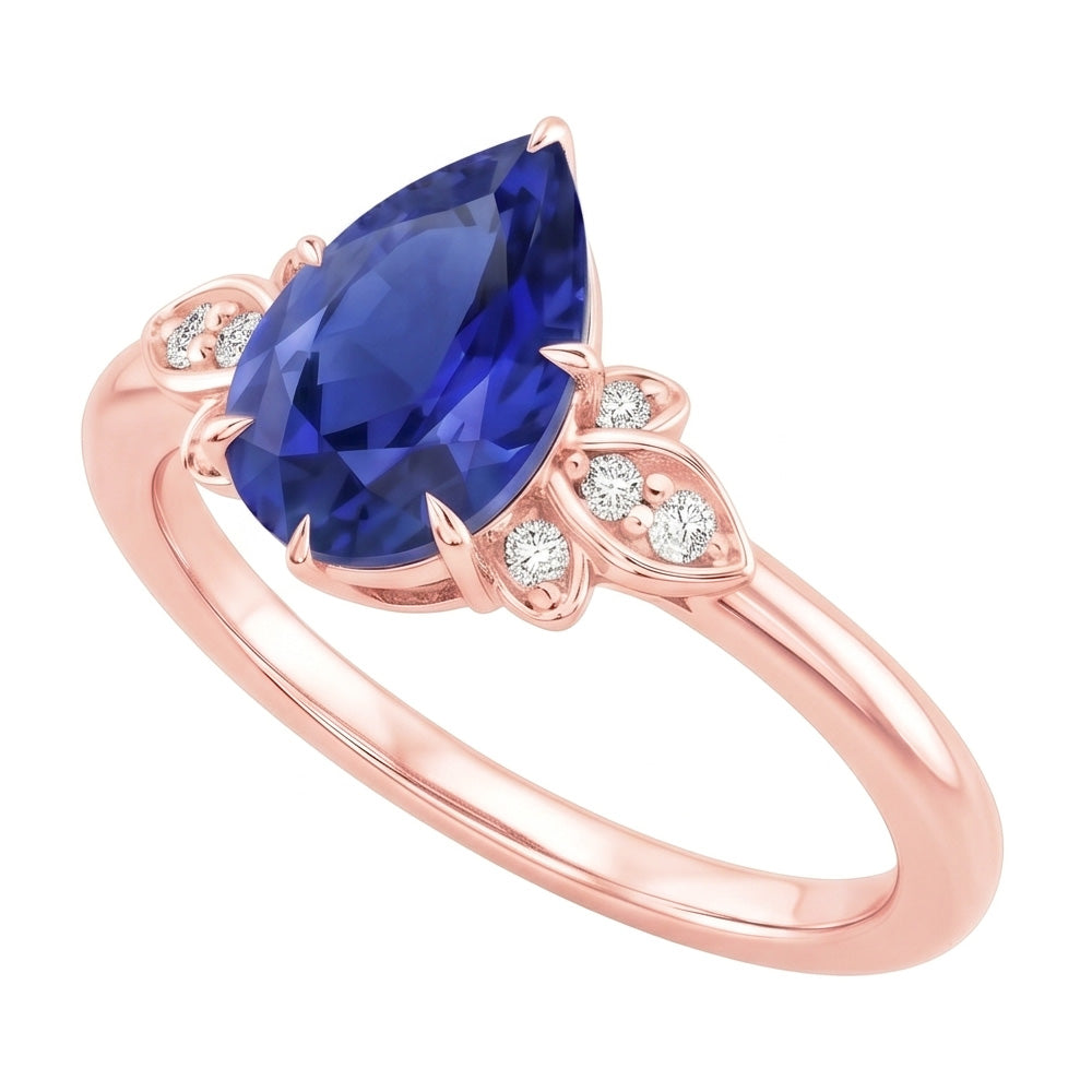 Blauer Saphir Edelstein Ring Birne & runder Natürlicher Diamant ( nicht im Labor gezüchtet ) Blumenstil 3 Karat