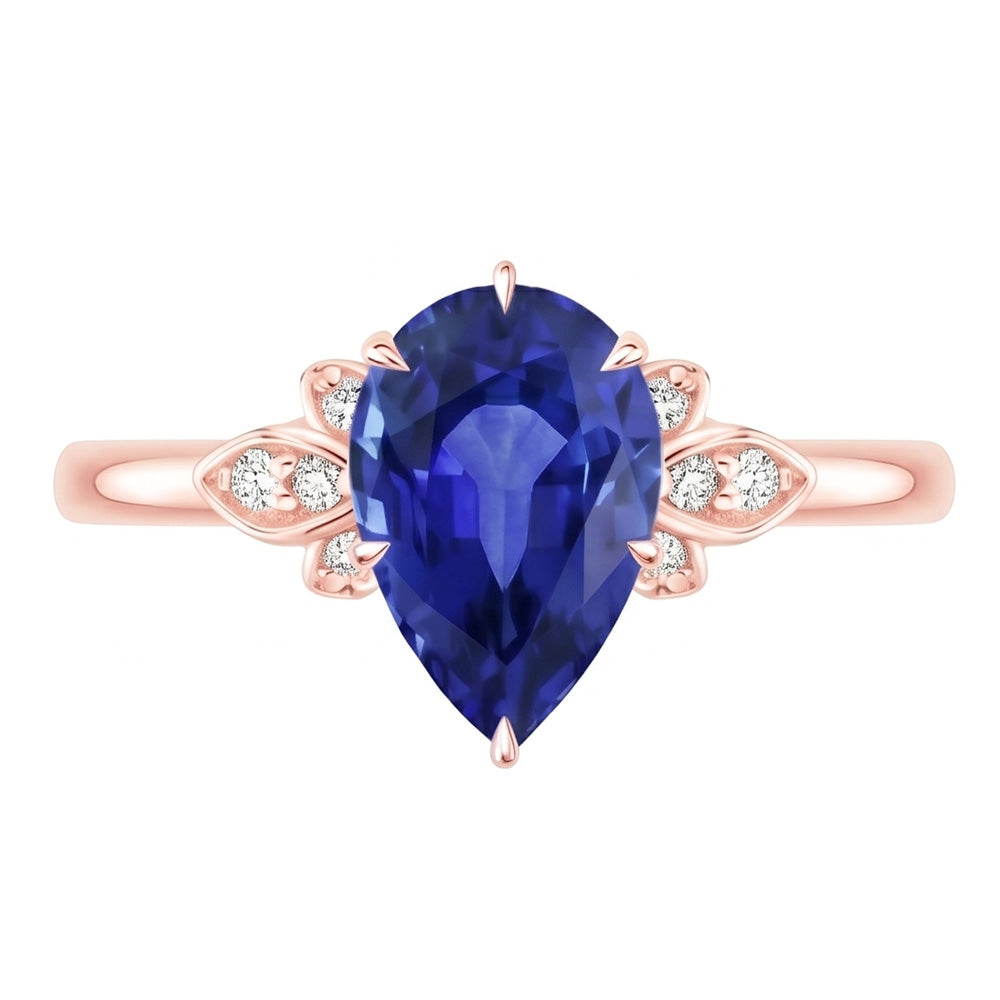 Blauer Saphir Edelstein Ring Birne & runder Natürlicher Diamant ( nicht im Labor gezüchtet ) Blumenstil 3 Karat