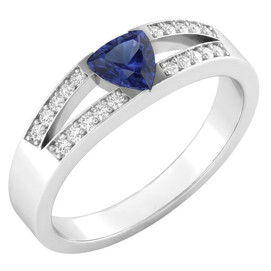 Blauer Saphir-Edelstein-Ring im Trillion-Schliff 1 Karat Natürlicher Diamant ( nicht im Labor gezüchtet )en mit geteiltem Schaft