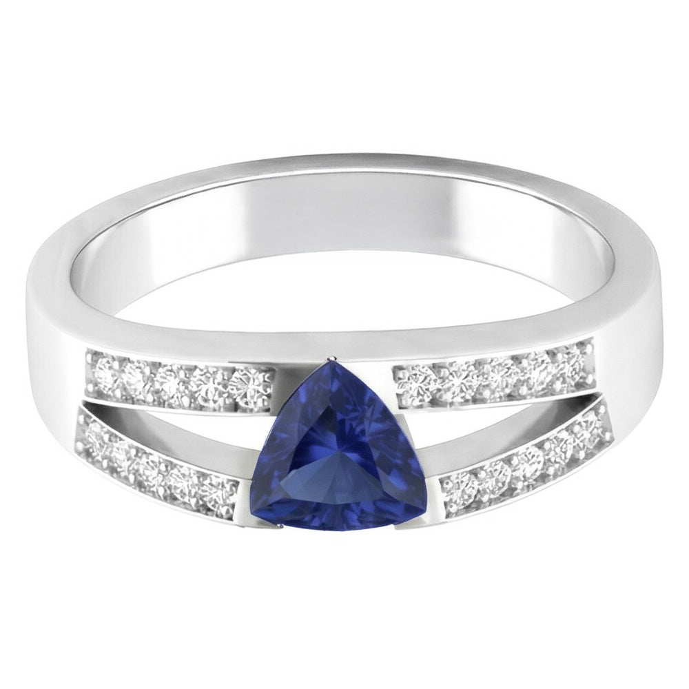 Blauer Saphir-Edelstein-Ring im Trillion-Schliff 1 Karat Natürlicher Diamant ( nicht im Labor gezüchtet )en mit geteiltem Schaft