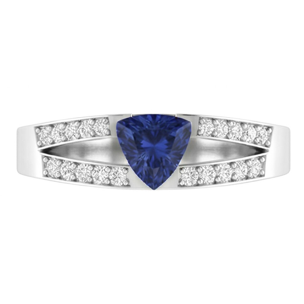 Blauer Saphir-Edelstein-Ring im Trillion-Schliff 1 Karat Natürlicher Diamant ( nicht im Labor gezüchtet )en mit geteiltem Schaft
