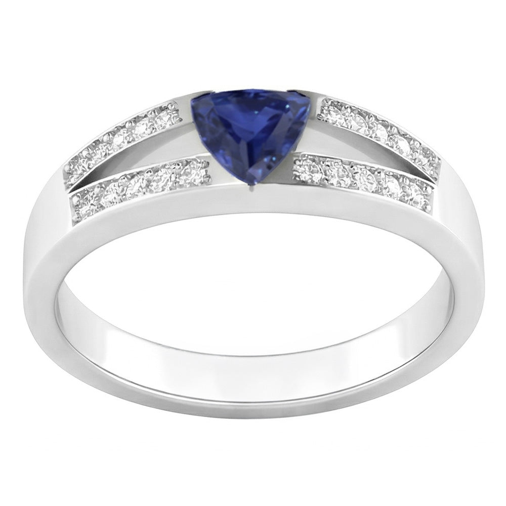 Blauer Saphir-Edelstein-Ring im Trillion-Schliff 1 Karat Natürlicher Diamant ( nicht im Labor gezüchtet )en mit geteiltem Schaft