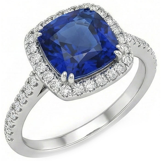 Blauer Saphir-Halo-Aus der Erde Abgebauter Natürlicher Diamant-Hochzeitsring im Kissenschliff 3,5 Karat Gold 14K