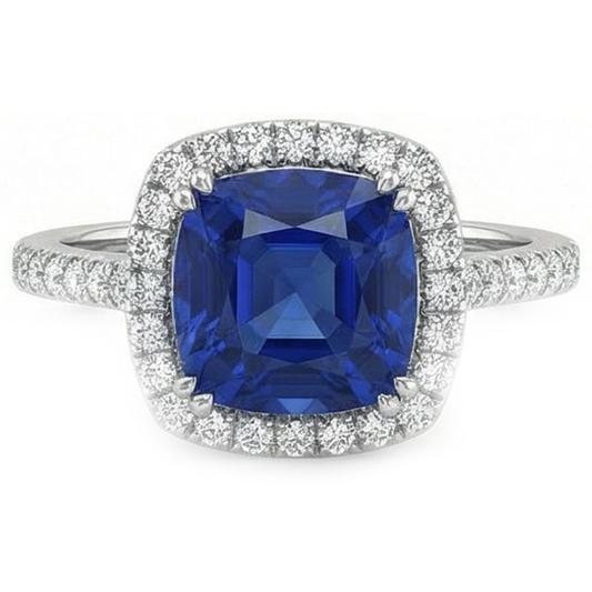 Blauer Saphir-Halo-Aus der Erde Abgebauter Natürlicher Diamant-Hochzeitsring im Kissenschliff 3,5 Karat Gold 14K