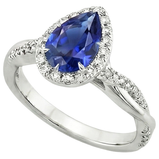 Blauer Saphir Halo Aus der Erde Abgebauter Natürlicher Diamant Ring Krappen Birnenschliff Stein 7,25 Karat Gold