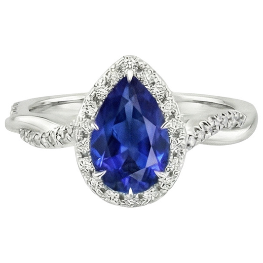 Blauer Saphir Halo Aus der Erde Abgebauter Natürlicher Diamant Ring Krappen Birnenschliff Stein 7,25 Karat Gold