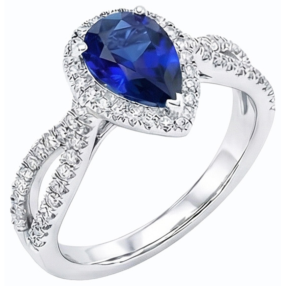 Blauer Saphir Halo Birne Verlobungsring Split Shank 4 Karat Natürlicher Diamant ( nicht im Labor gezüchtet )en