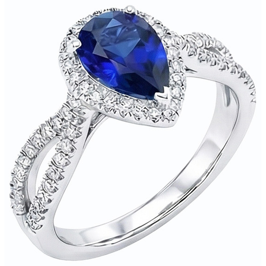 Blauer Saphir Halo Birne Verlobungsring Split Shank 4 Karat Natürlicher Diamant ( nicht im Labor gezüchtet )en