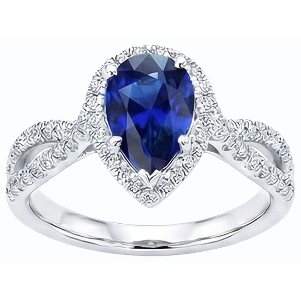 Blauer Saphir Halo Birne Verlobungsring Split Shank 4 Karat Natürlicher Diamant ( nicht im Labor gezüchtet )en