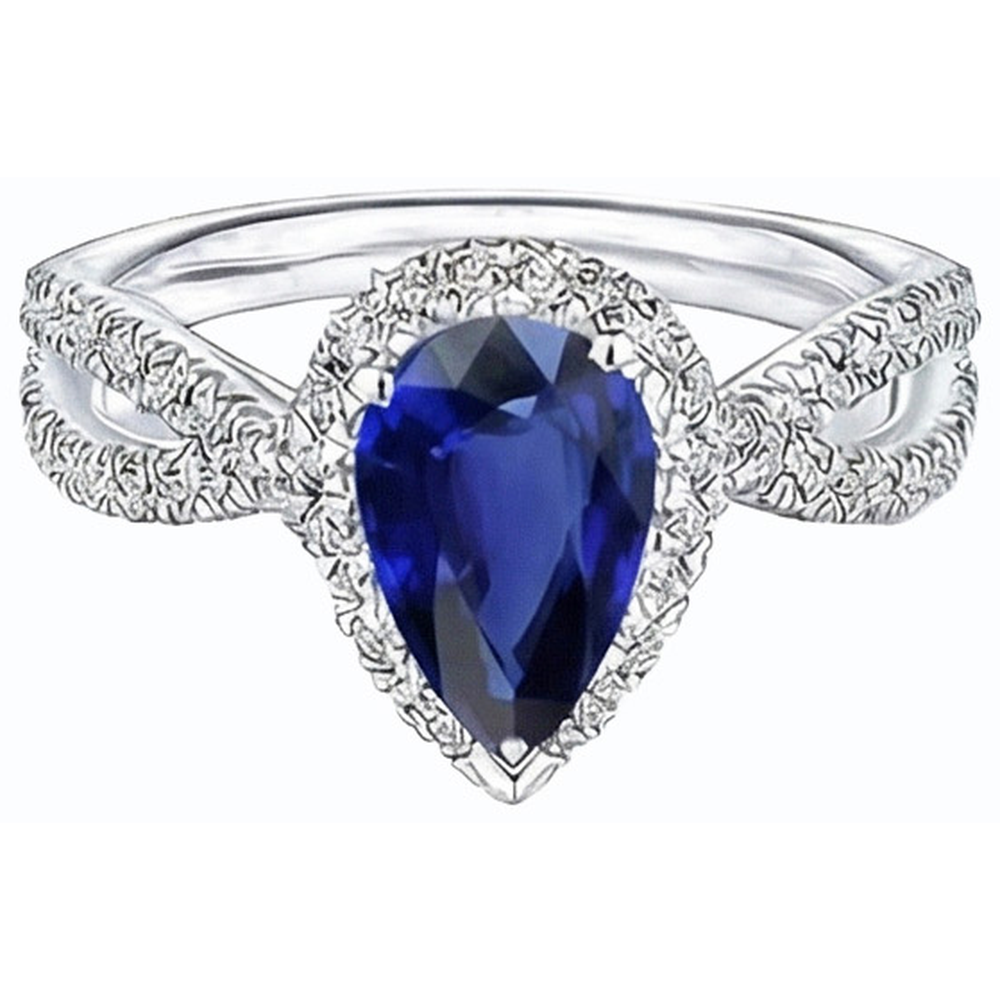 Blauer Saphir Halo Birne Verlobungsring Split Shank 4 Karat Natürlicher Diamant ( nicht im Labor gezüchtet )en