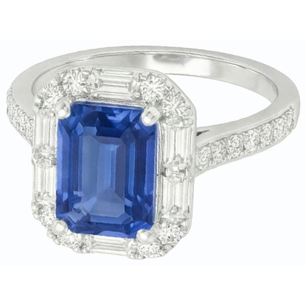 Blauer Saphir Halo Ring Strahlend Schliff Smaragd & Runde Natürlicher Diamant ( nicht im Labor gezüchtet )en 4 Karat
