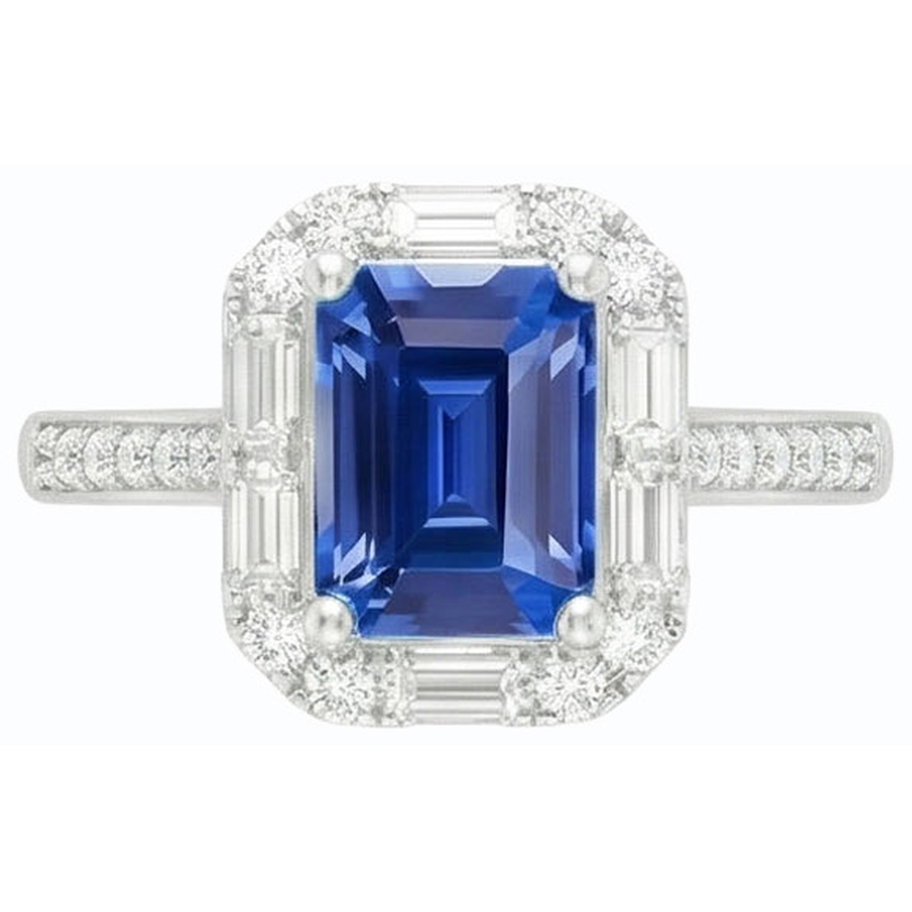 Blauer Saphir Halo Ring Strahlend Schliff Smaragd & Runde Natürlicher Diamant ( nicht im Labor gezüchtet )en 4 Karat