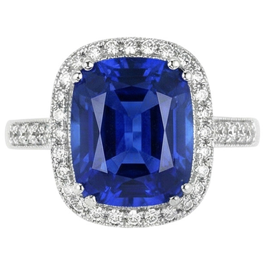 Blauer Saphir-Kissen und Ring mit Aus der Erde Abgebauter Natürlicher Diamanten im Rundschliff von 4.55 Karat WG 14K