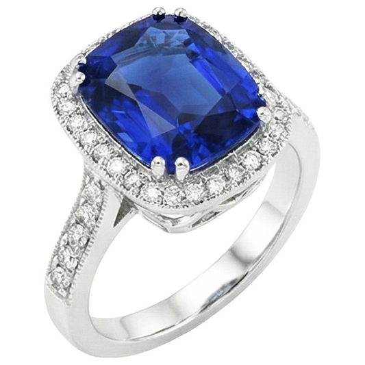 Blauer Saphir-Kissen und Ring mit Aus der Erde Abgebauter Natürlicher Diamanten im Rundschliff von 4.55 Karat WG 14K