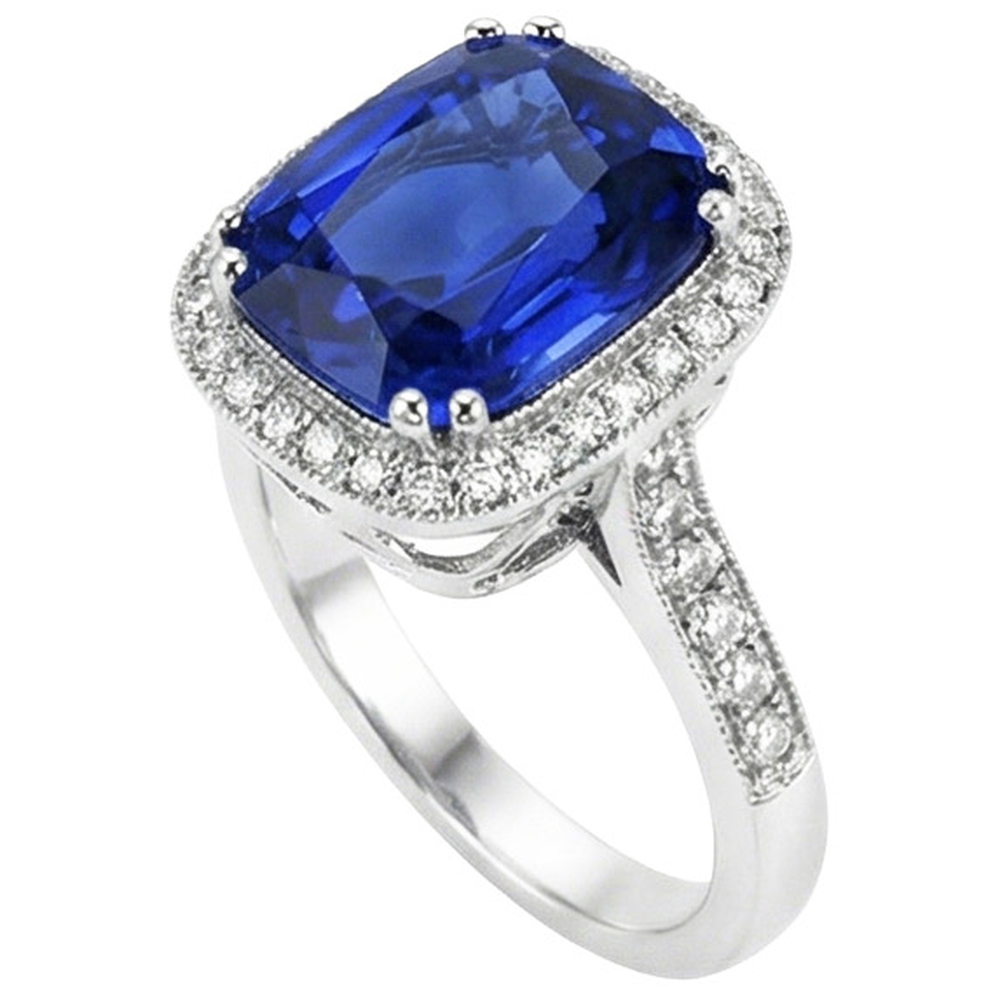 Blauer Saphir-Kissen und Ring mit Aus der Erde Abgebauter Natürlicher Diamanten im Rundschliff von 4.55 Karat WG 14K
