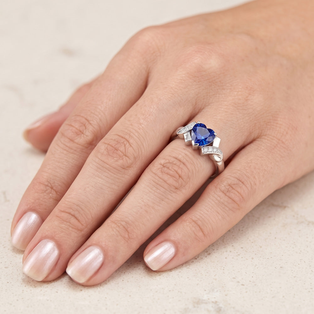 Blauer Saphir Natürlicher Diamant ( nicht im Labor gezüchtet ) Herz Ring Ribbon Style 2 Karat Damenschmuck