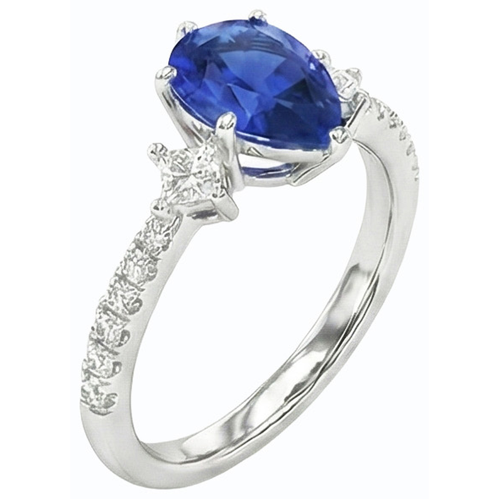 Blauer Saphir Ring SriLanka Drei Stein Natürlicher Diamant ( nicht im Labor gezüchtet ) Akzente Birne 3 Karat