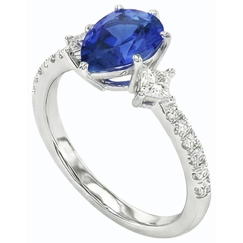 Blauer Saphir Ring SriLanka Drei Stein Natürlicher Diamant ( nicht im Labor gezüchtet ) Akzente Birne 3 Karat