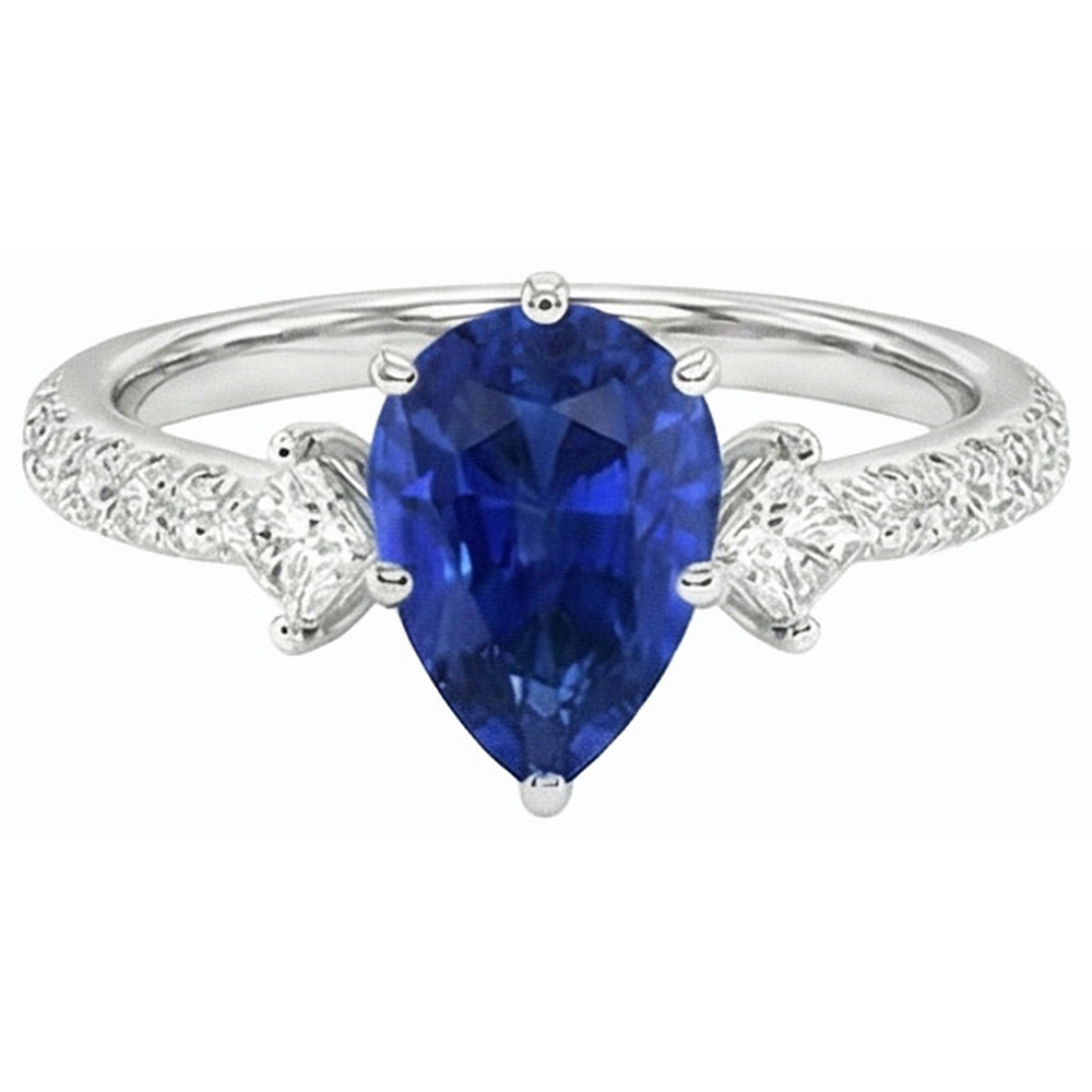 Blauer Saphir Ring SriLanka Drei Stein Natürlicher Diamant ( nicht im Labor gezüchtet ) Akzente Birne 3 Karat