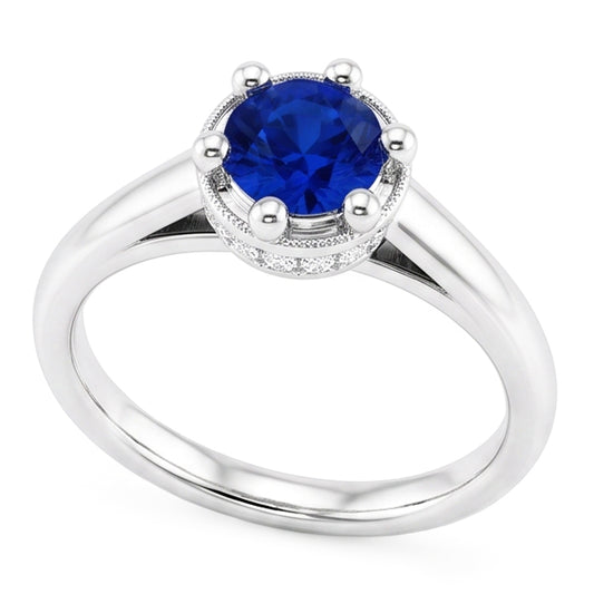 Blauer Saphir Runder Ring Krappenstil 1,25 Karat Weißgold 14K